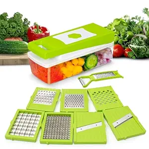 12-in-1 Vegetable Chopper, 7 Blade Veggie Chopper, Practical Food Chopper with Container, Cheese Grater, Home Essentials & Kitchen Gadgets(Green/Grey)