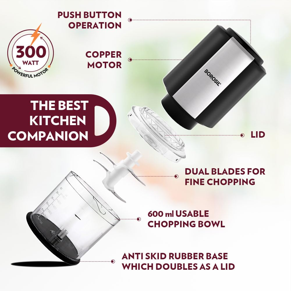 300 Watts Electric Chopper for Kitchen, Twin Blade Technology, 600 ml 'chop-n-store' plastic bowl with lid, Vegetable Chopper, Cutter, Chop, Mince, Dice, Whisk, Blend