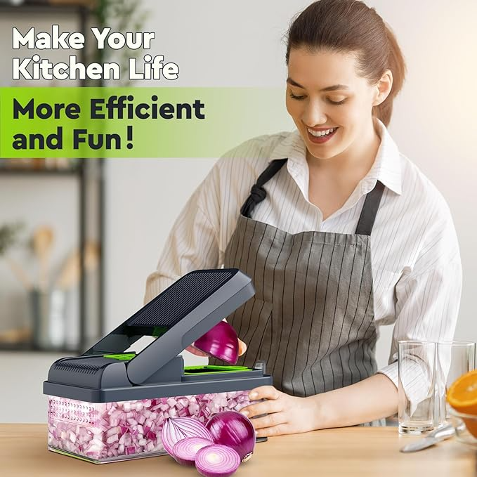 12-in-1 Vegetable Chopper, 7 Blade Veggie Chopper, Practical Food Chopper with Container, Cheese Grater, Home Essentials & Kitchen Gadgets(Green/Grey)