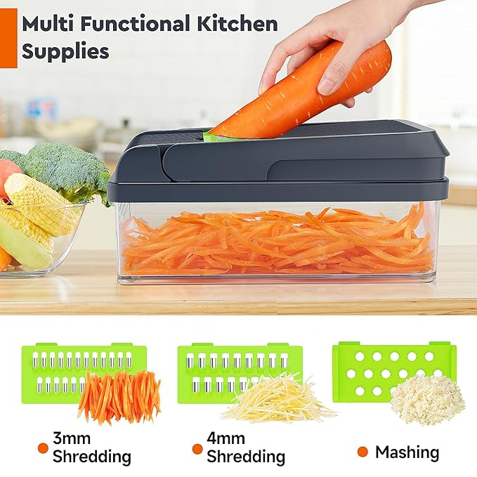 12-in-1 Vegetable Chopper, 7 Blade Veggie Chopper, Practical Food Chopper with Container, Cheese Grater, Home Essentials & Kitchen Gadgets(Green/Grey)