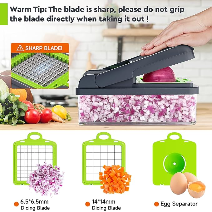 12-in-1 Vegetable Chopper, 7 Blade Veggie Chopper, Practical Food Chopper with Container, Cheese Grater, Home Essentials & Kitchen Gadgets(Green/Grey)