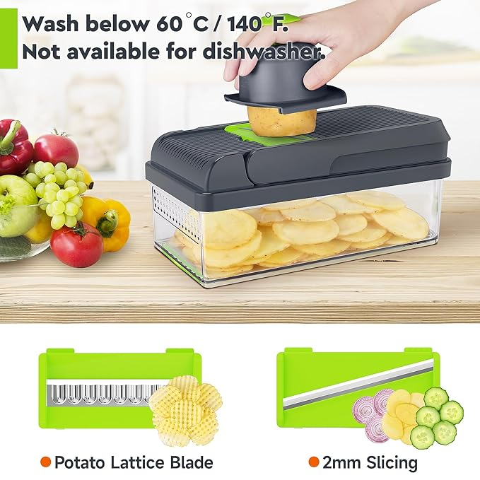 12-in-1 Vegetable Chopper, 7 Blade Veggie Chopper, Practical Food Chopper with Container, Cheese Grater, Home Essentials & Kitchen Gadgets(Green/Grey)