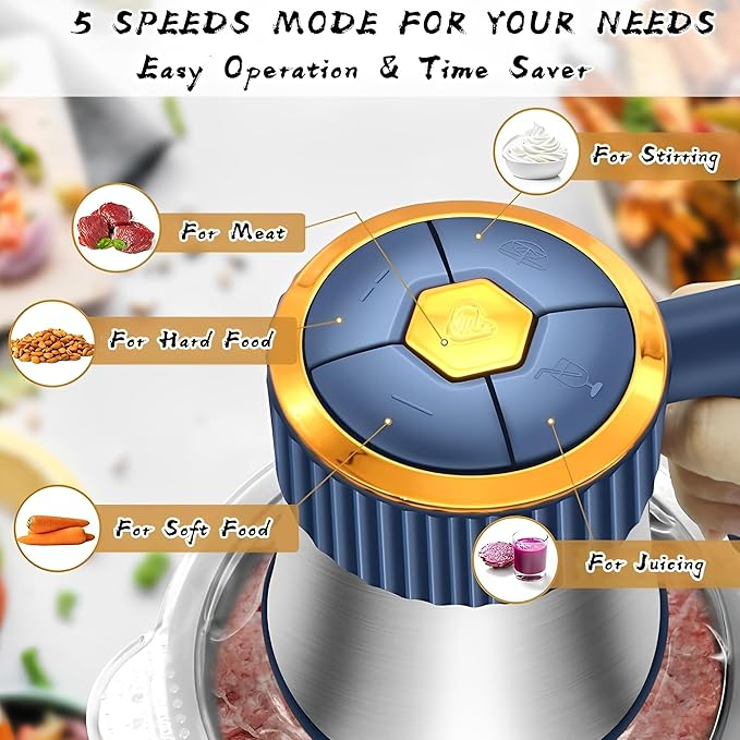 5L Electric Food Chopper,500W Stainless Steel Meat Grinder Electric,5-Speed Mode,Multi-Function Food Processor for Dough Stirring,Onion,Meat,Fruits, Garlic,Vegetables,Baby Food
